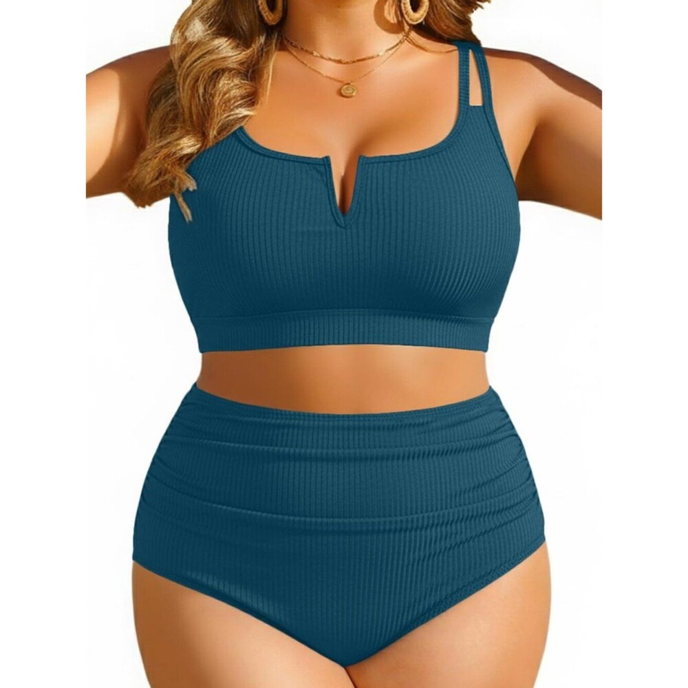 Yonique Women Plus Size High Waisted Bikini - Ribbed Two Piece Swimsuit 14W